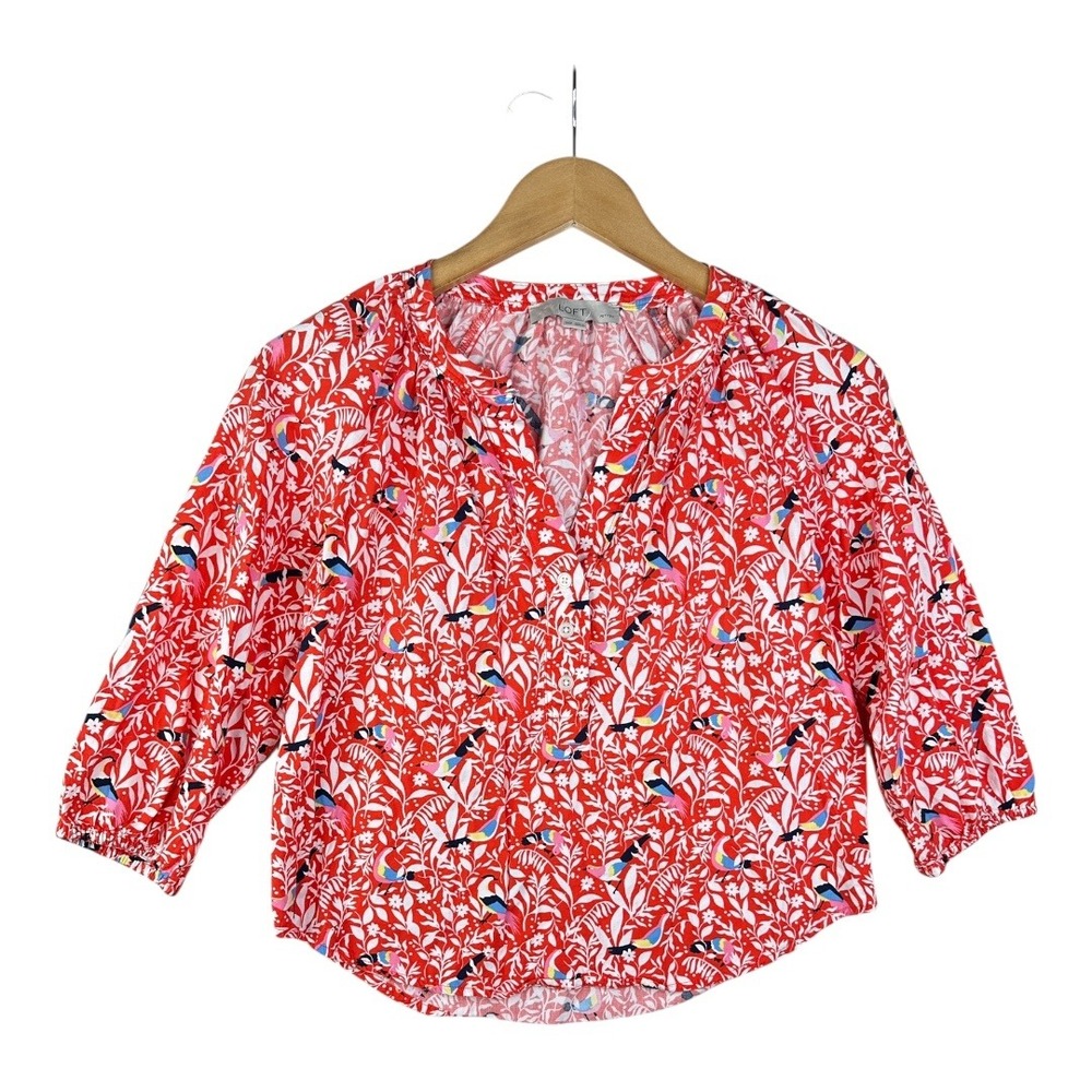 Loft Floral Bird Print‎ Long Sleeve Blouse size XXSP Orange/White